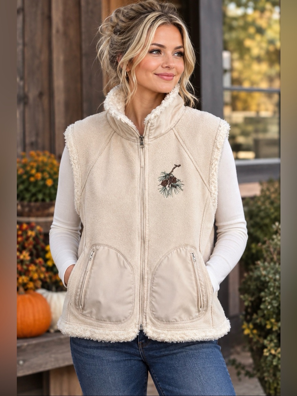 Wild Wings Cozy Cream Fleece Zip Front Vest embroidered Pinecone Detail Sz M